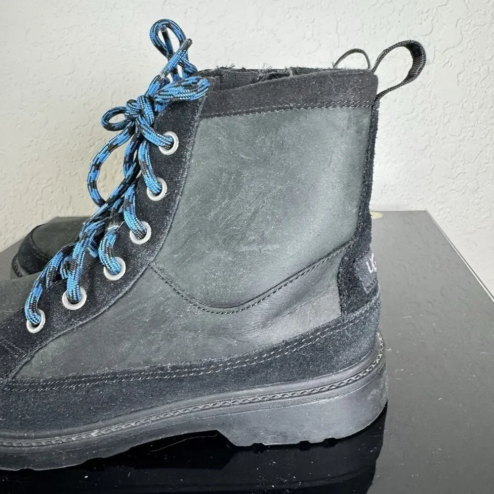 Ugg Robley Kids Waterproof Leather Boots Shoes 2 Black Blue Laces Zip Suede EUC